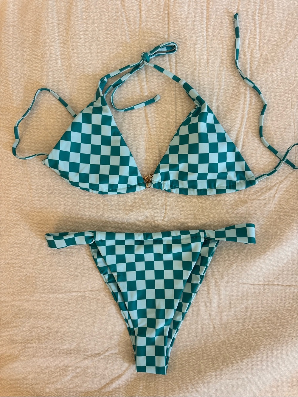Checkerboard Triangle Bikini Set - Teal/White